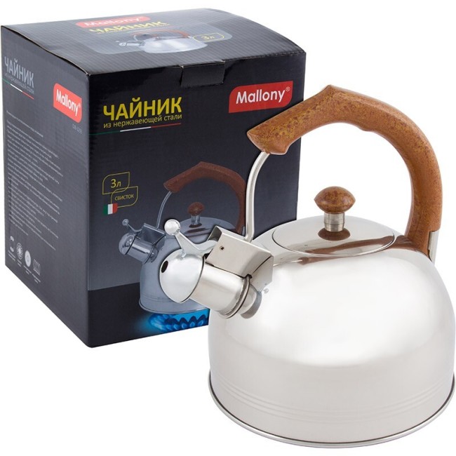 Чайник Mallony DJB-3293, 3л, со свистком 0,4мм, пластик.ручка, капсульное дно, метал. 900062