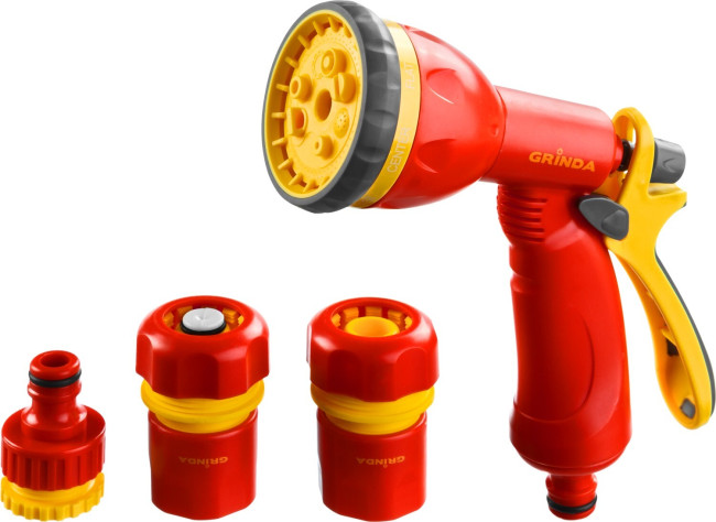 Набор поливочный GRINDA GS-34: пистолет с 8 режимами, комплект соединительной арматуры 3/4", пластиковый