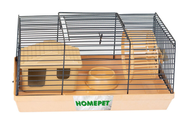Клетка-мини для грызунов HOMEPET 27 см х 15 см х h13 см(домик, миска, колесо) бежевая