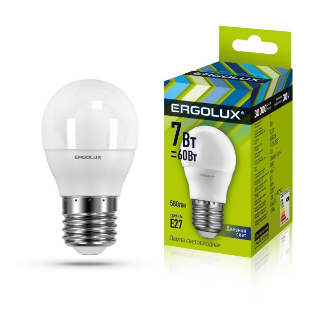 ERGOLUX LED-G45-7W-E27-6K (Эл.лампа светодиодная Шар 7Вт E27 6500K 172-265В)