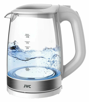 Чайник электрический JVC JK-KE2005 стеклянный JVC 2 л, открывание крышки кнопкой, подсветка, индикация включения, 2200 Вт, белый
