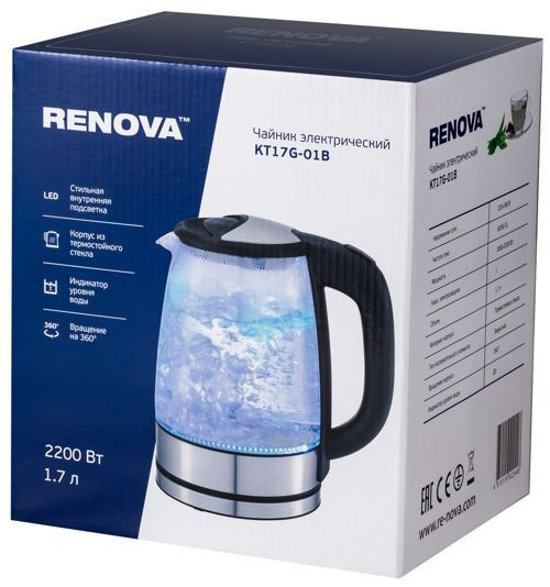 Чайник Renova KT17G-01B / Термостойкое стекло / Объем 1.7 л