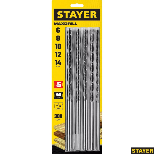STAYER "Maxdrill" 5 шт., 6-8-10-12-14 х 300 мм, набор сверл спиральных по дереву