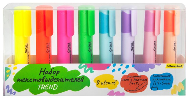 Набор текстовыделителей Silwerhof Trend 1-5мм 8цв. ассорти футляр