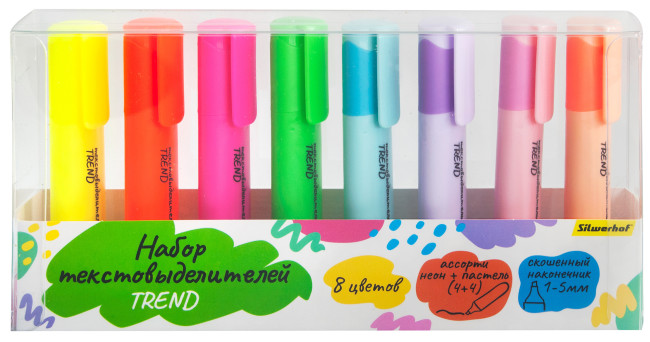 Набор текстовыделителей Silwerhof Trend 1-5мм 8цв. ассорти футляр