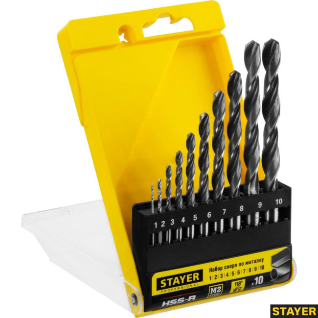 STAYER 10 шт. (D 1-10 мм), HSS-R, набор сверл спиральных по металлу 29602-H10_z01 STAYER 10 шт. (D 1-10 мм), HSS-R, набор сверл спиральных по металлу 29602-H10_z01