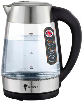 Чайник элекрический LEONORD LE- 1507 1,7 Л (1 6) СТЕКЛО, ПЛАСТИК (СЕРЕБРО)