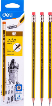 Карандаш ч/г Deli EC004-HB Scribe HB шестигран. тополь карт.кор. (12шт) ластик
