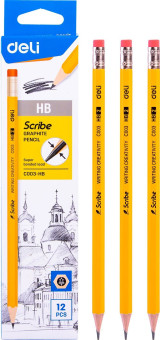 Карандаш ч/г Deli EC003-HB Scribe HB шестигран. тополь желтый карт.кор. (12шт) ластик