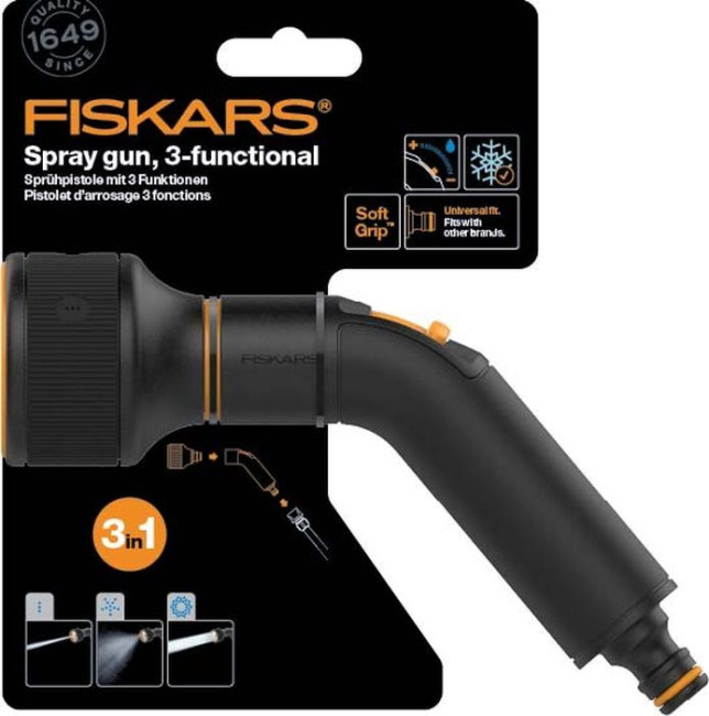 Пистолет для полива Fiskars, регулируемый, с 3 функциями, 1052183, черный