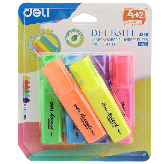 Набор текстовыделителей Deli CU360 скошенный пиш. наконечник 1-5мм 6цв. ассорти блистер (6шт.)